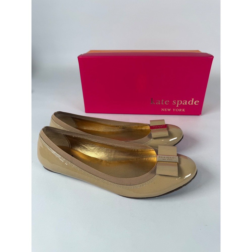 Kate Spade Tock Ballet Flats New Camel‎ Vintage Patent Leather Bow Shoes 9M